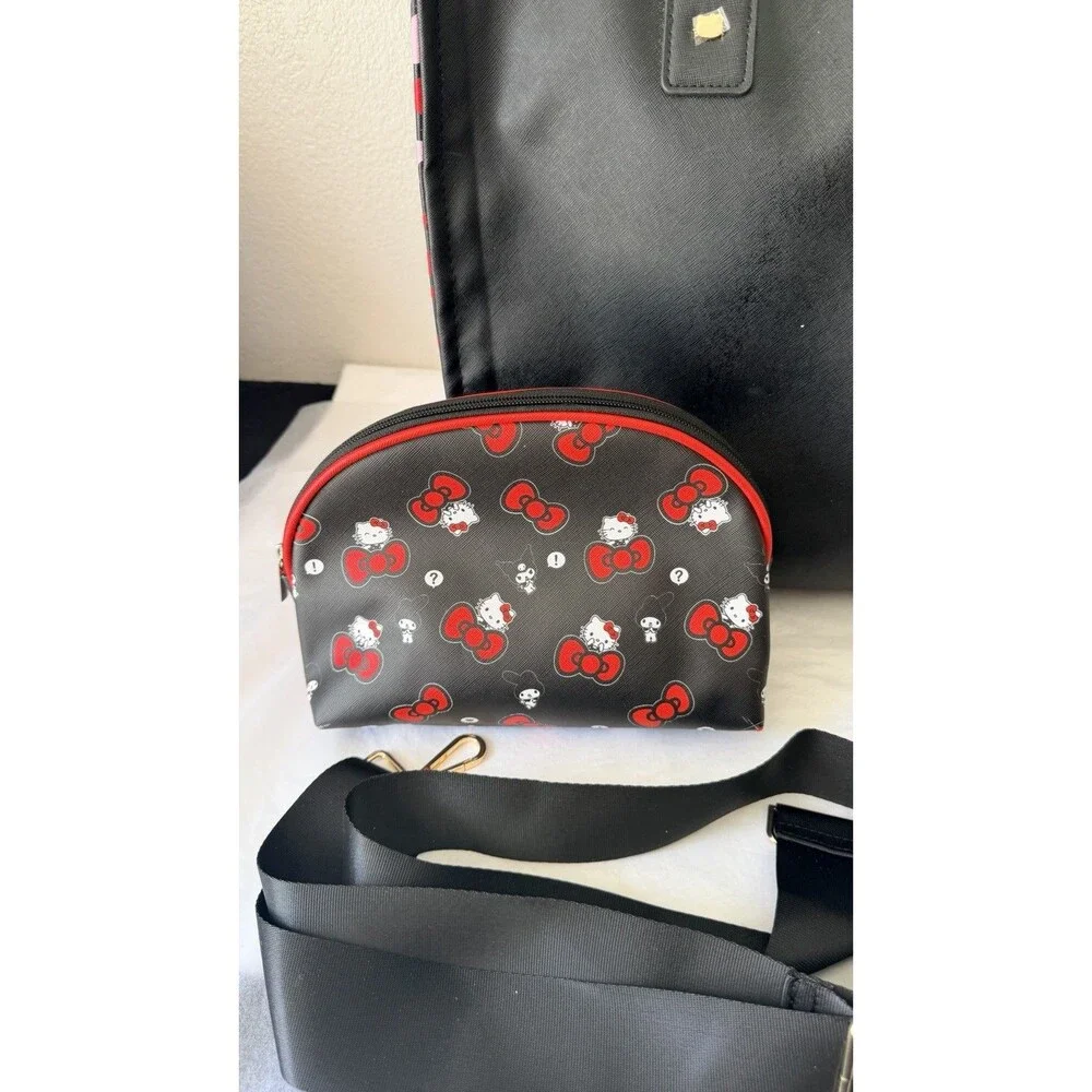 Hello Kitty 3 Piece Bag Set Tote Cosmetic Pouch Crossbody Purse Black Red Sanrio